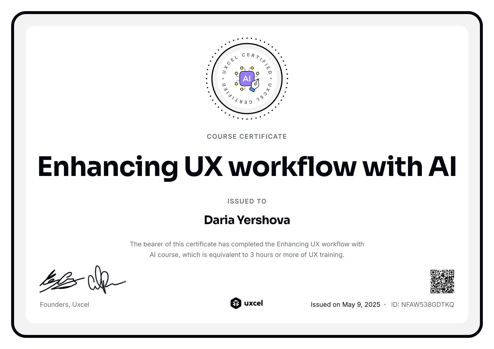 Daria Yershova's certificate